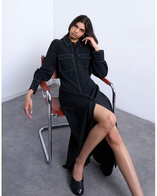 TOPSHOP Blue Contrast Stitch Long Sleeve Midi Shirt Tie Shirt Dress