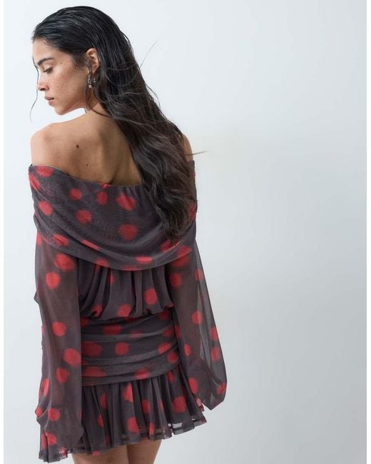ASOS Red Printed Spot Bardot Mini Dress With Deep Plunge And extaggerated Blouson Sleeve