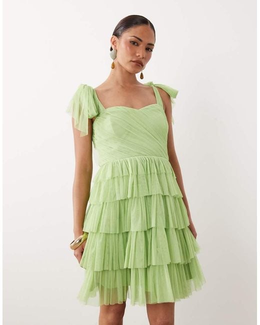 LACE & BEADS Green Ophelia Tie Sleeve Ruched Tiered Mini Dress