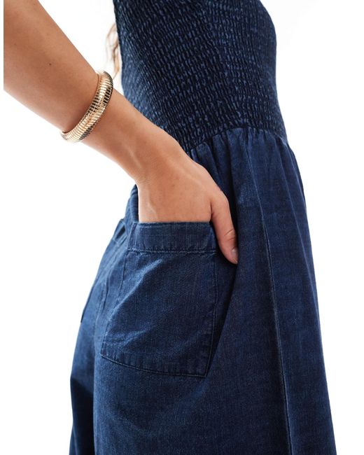 ASOS Blue Soft Denim Wide Leg Jumpsuit With Shirred Body