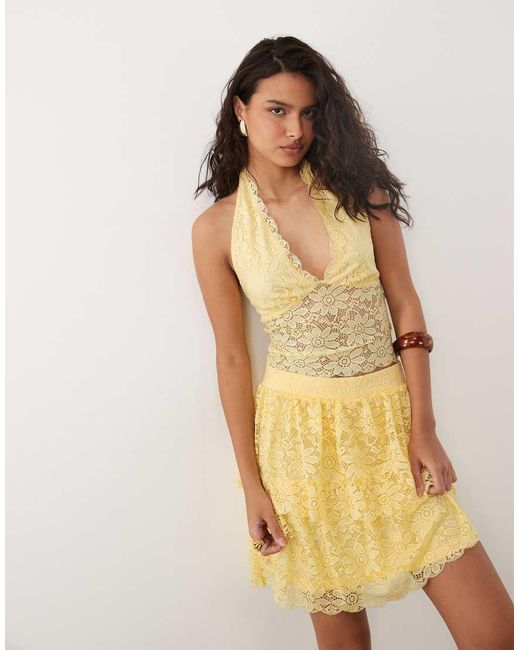 Vila Yellow Halter Neck Sheer Lace Top Co-ord