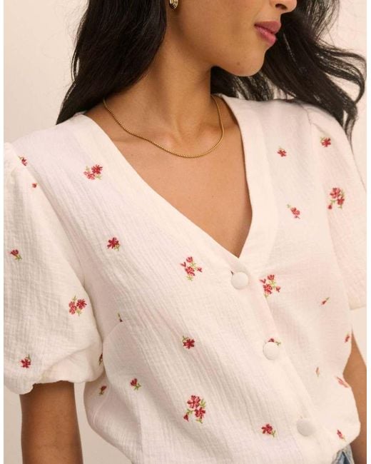 Nobody's Child Natural And Floral Puff Sleeve Top