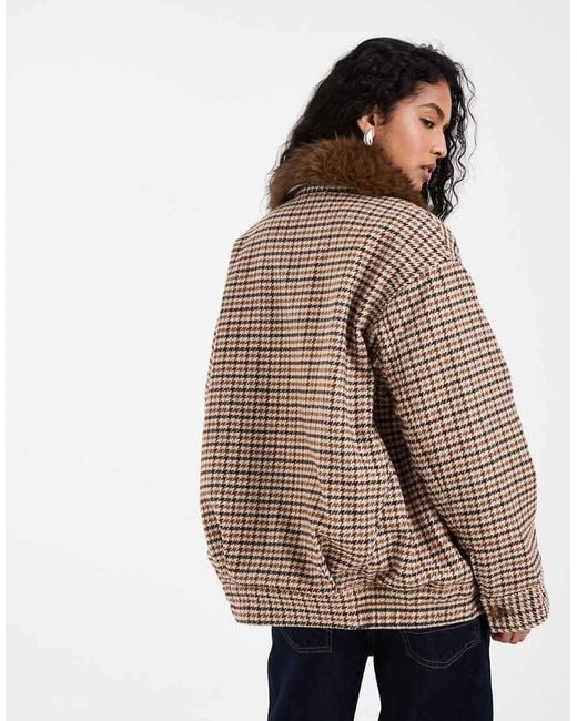 Levi's Brown Billie Oversized Micro Check Bomber Jacket With Fur Collar