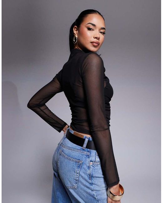 ASOS Top Van Mesh Met Lange Mouwen En Gerimpelde Zijkant in het Blue