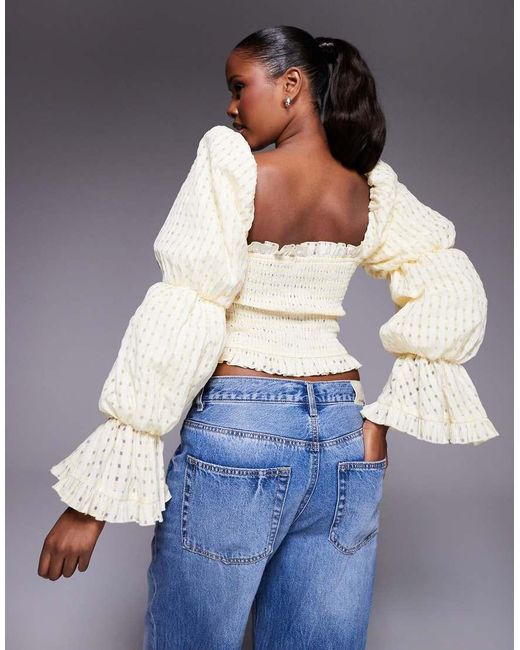 ASOS Gesmokte Top Me Textuur, Gingham Ruit En Pofmouwen in het Blue