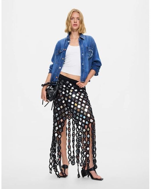 Desigual Blue Crochet Pareo With Sequins