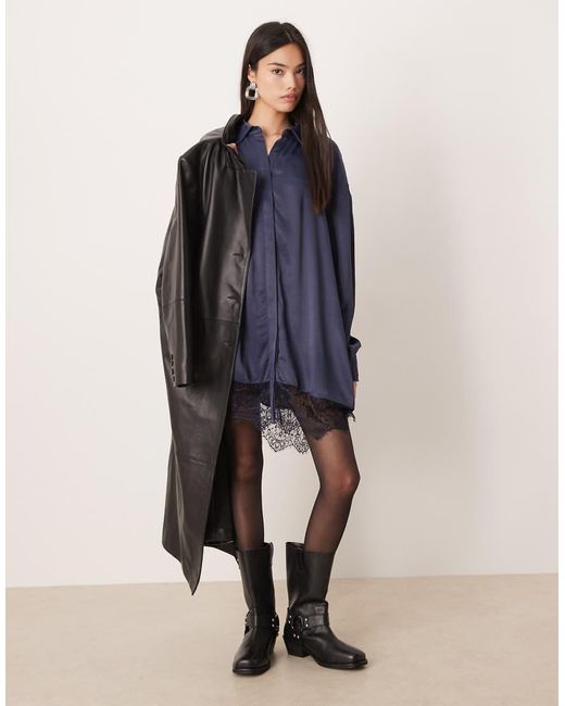 ASOS Blue Satin Shirt Mini Dress With High Low Curved Hem