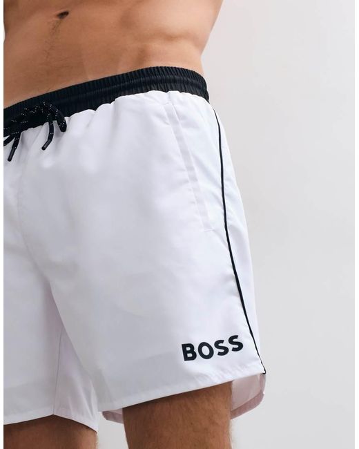 Boss White Starfish Swim Shorts With Logo Print for men
