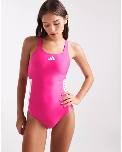 Adidas Originals Pink Adidas Training 3 Stripe Swimsuit