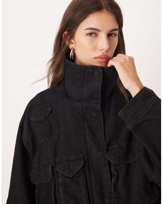 Chaqueta Larga Negra Con Detalle De Bolsillo 100% De Algodón De Mango de color Black