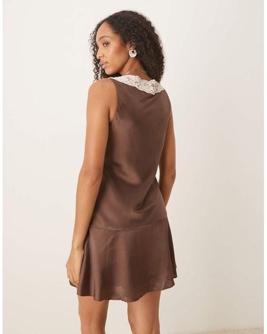 ASOS Brown Satin Flippy Mini Dress With Lace Detail