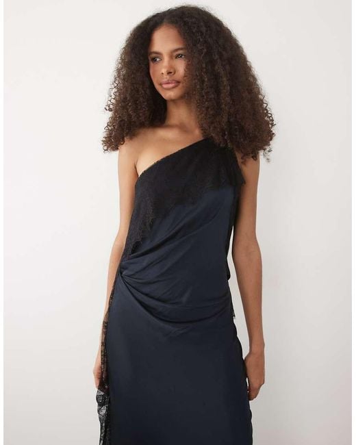 Forever New Blue Satin Lace Detail One Shoulder Bias Maxi Dress
