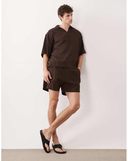 ASOS Brown Co-ord Boxy Oversized Overhead Revere Crinkle Texture Shirt for men
