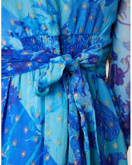 Hope & Ivy Blue V Neck Button Front Long Sleeved Maxi Dress