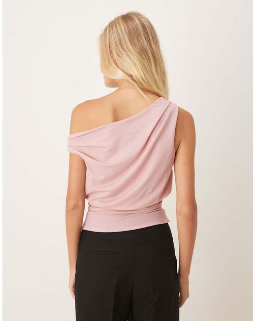 Top Monospalla Drappeggiato Effetto Lino di ASOS in Pink