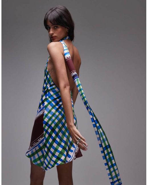 TOPSHOP Mini Jurk Van Satijn Met Gestrikte Hals in het Gray