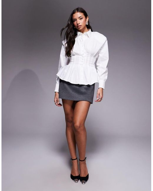 Wanderdoll White Andy Shoulder Pad Cinched Waist Button Through Shirt