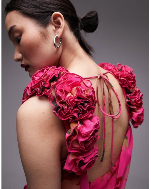 Robe nuisette courte à imprimé fleuri avec col bénitier et manches ornées TOPSHOP en coloris Pink