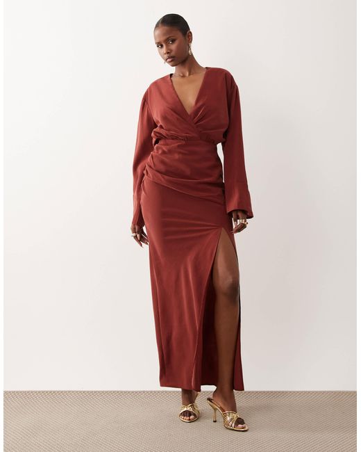 ASOS Plunge Maxi Dress With Wide Cuffs And Side Split in Brown