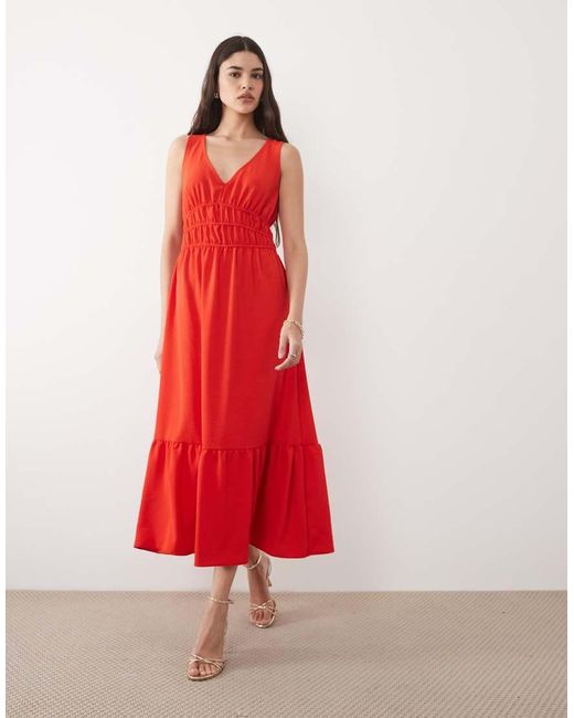 New Look Red V Neck Ruched Waist Midi Dress