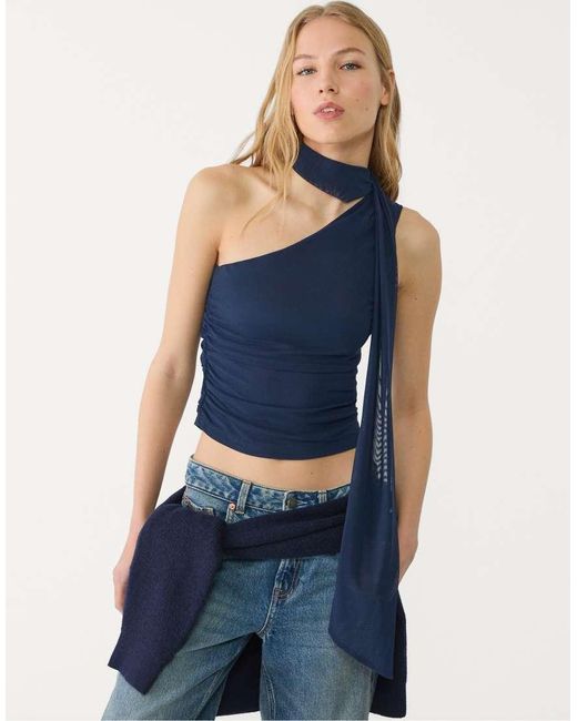 Stradivarius Blue Asymmetric Tulle Top With Scarf