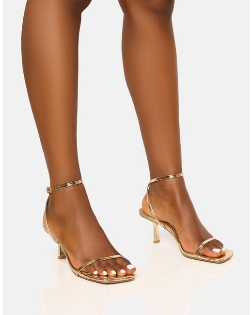 Public Desire Brown Natalya Gold Barely There Square Toe Stiletto Mid Heels
