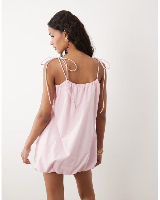 ASOS Pink Poplin Puff Mini Sundress With Tie Straps