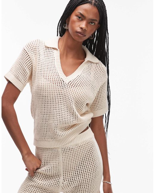 Tommy Hilfiger Natural – kurzärmlige, gehäkelte hemdbluse