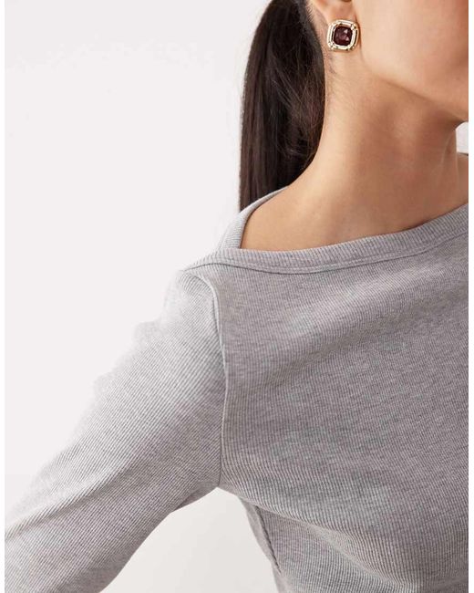 ASOS Blue Long Sleeve Slash Neck Top With Curved Hem Detail