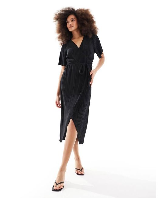 Y.A.S Black Plisse Wrap Midi Dress