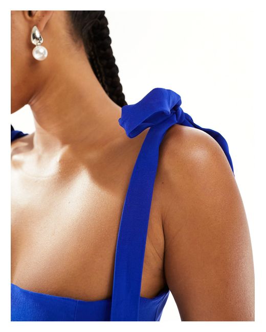 Vesper Blue Tie Strap Notch Detail Midi Dress