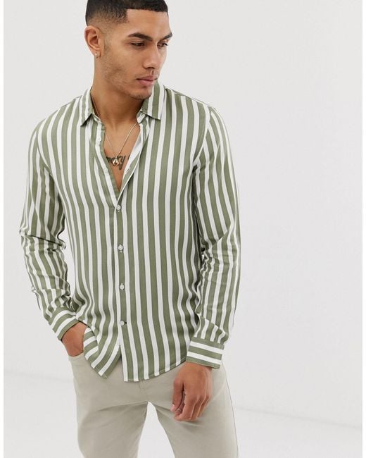 Bershka Green Vertical Striped Shirt for men