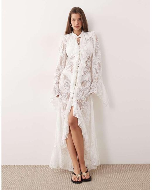 Noughts & Kisses Natural Lace Ruffle Trim Bell Sleeve Maxi Kimono
