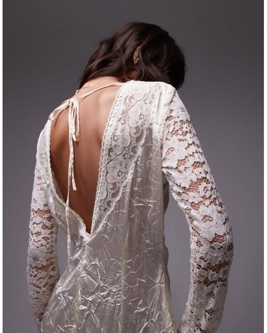 TOPSHOP White – langärmliges maxikleid aus geknittertem satin und spitze