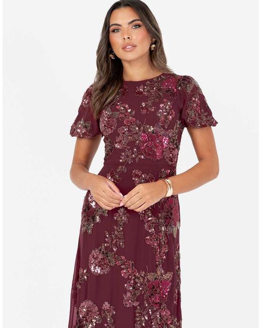 Maya Red Floral Embellished Short Sleeve Open Back Maxi Dress