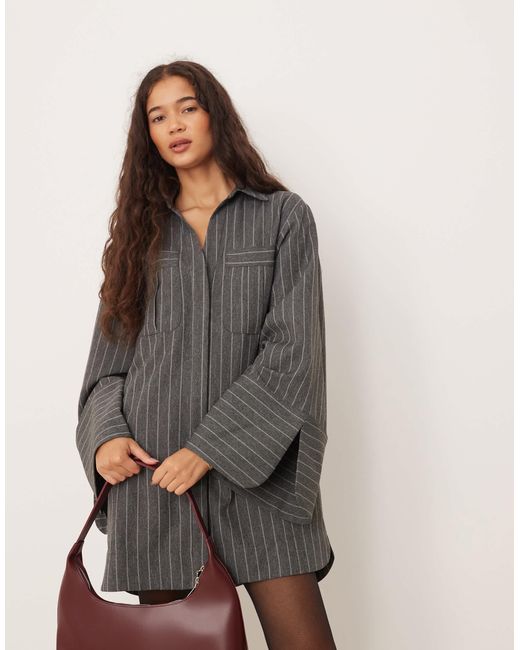 ASOS Gray Mini Shirt Dress With Wide Cuffs And Oversized Pockets