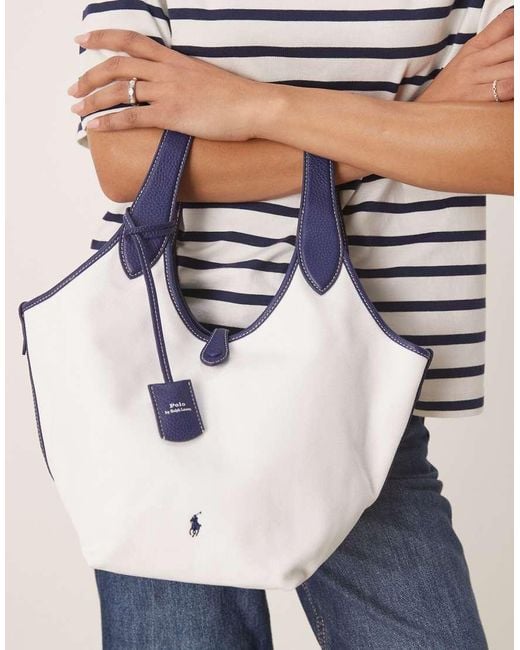 Polo Ralph Lauren Blue Play Canvas Leather Medium Tote Bag
