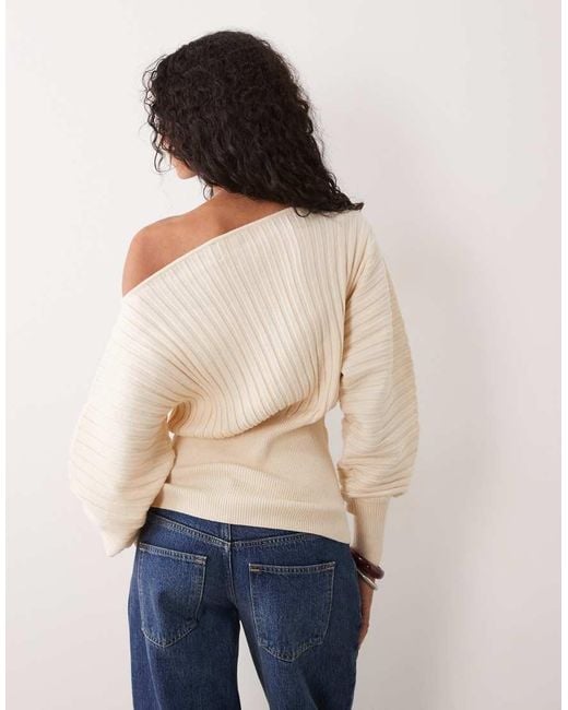 ASOS Natural Wide Ribbed Off The Shoulder Cinched Waist Jumper