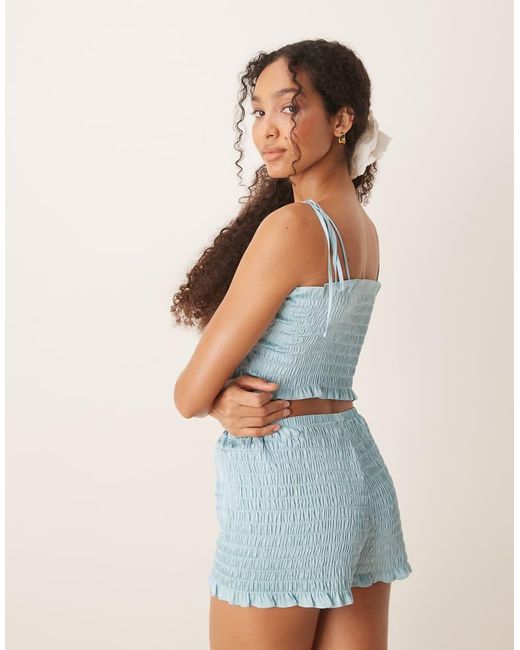 ASOS Blue Satin Textured Cropped Cami And Short Pyjama Set