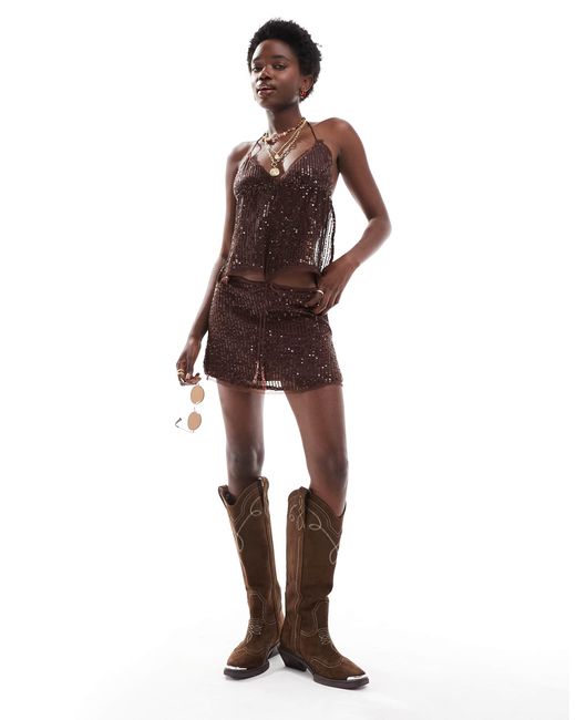 Pull&Bear Brown Sequin Halterneck Strappy Back Top Co-ord