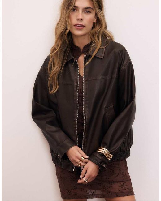 Stradivarius Brown Washed Leather Effect Oversize Jacket