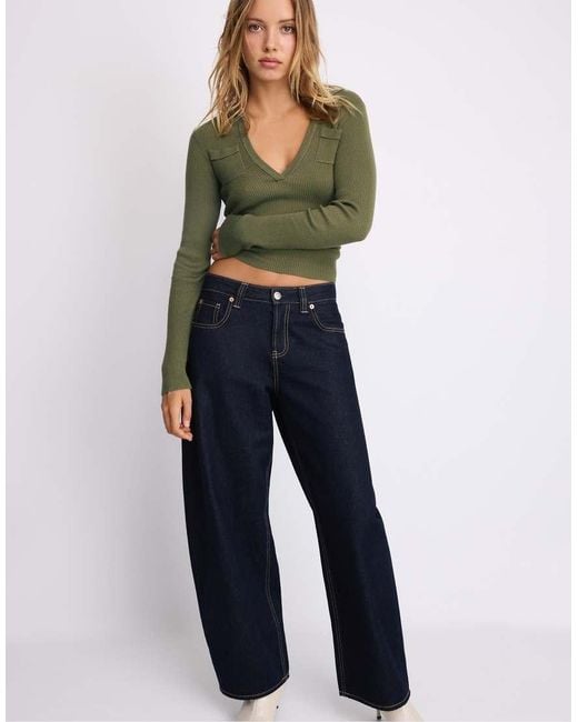 Stradivarius Blue Polo Collar Knit Jumper With Pockets