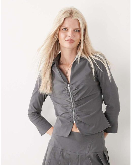Collusion Gray Tailored Bengaline Ruched Fitted Shirt Co-ord