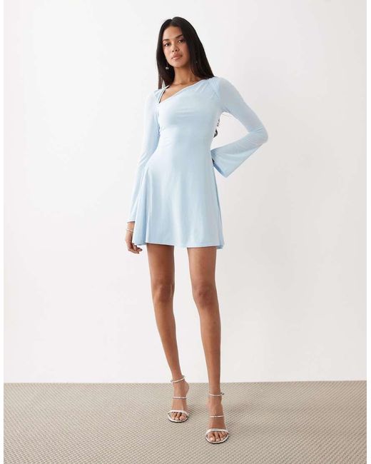 Kaiia Blue Exclusive Double Layered Slinky Cross Neck Cutout Detail Long Sleeve Skater Mini Dress