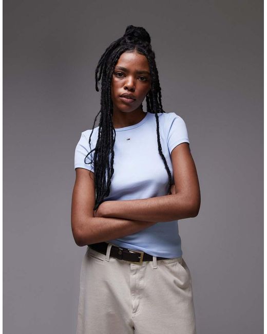 T-Shirt A Coste Celeste Con Stemma di Tommy Hilfiger in Blue