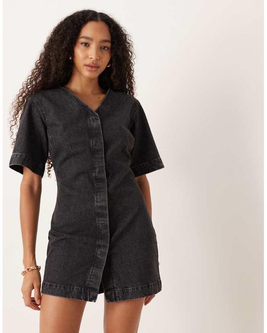 ASOS Black High V Neck Denim Mini Dress