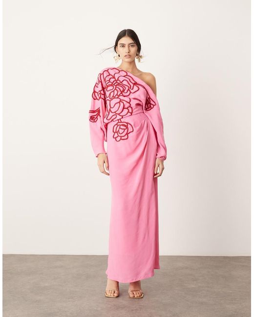 ASOS Gedrapeerde Midi Jurk Met Geborduurde Bloemen En Blote Schouder in het Pink