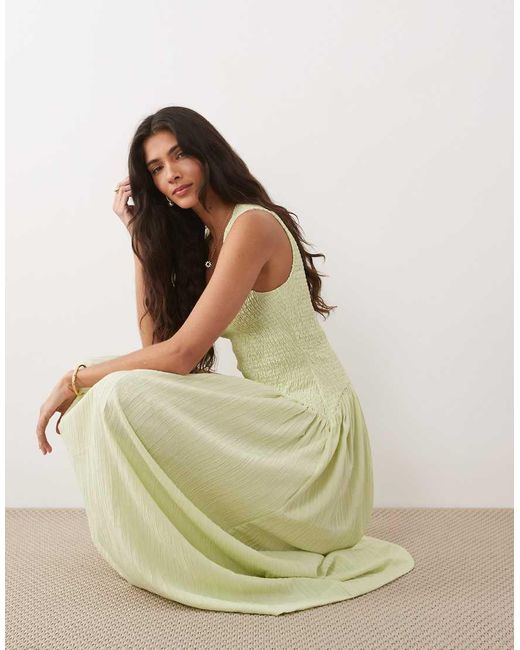ASOS Natural Crinkle Scoop Neck Maxi Sundress With Shirred Waist