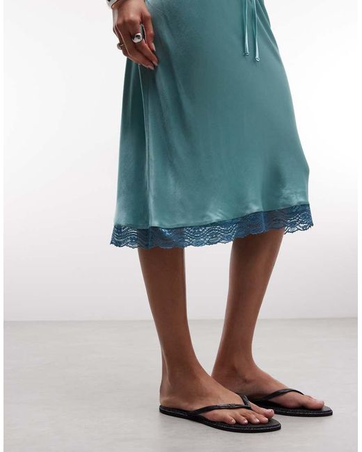 Reclaimed Vintage Blue Awkward Length Satin Midi Skirt With Lace Trim