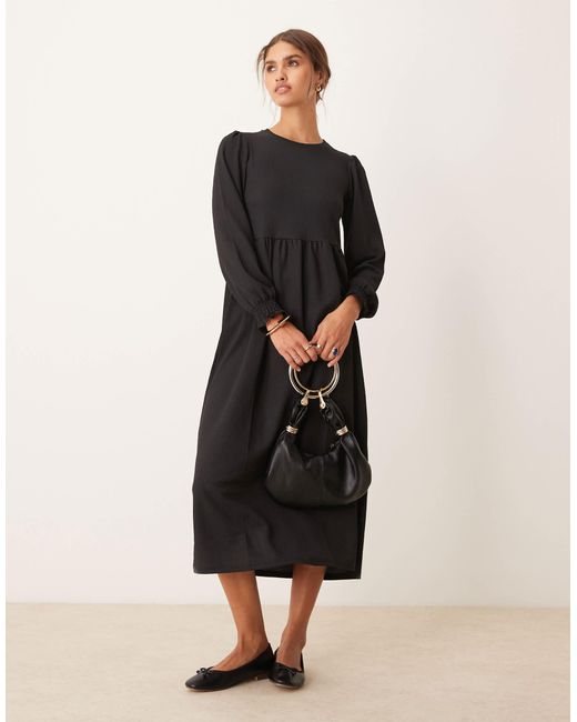New Look Black Plain Crinkle Long Sleeve Smock Midi Dress